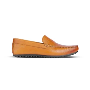 Gooseberry G9666 tan leather driving moccasin top and front view