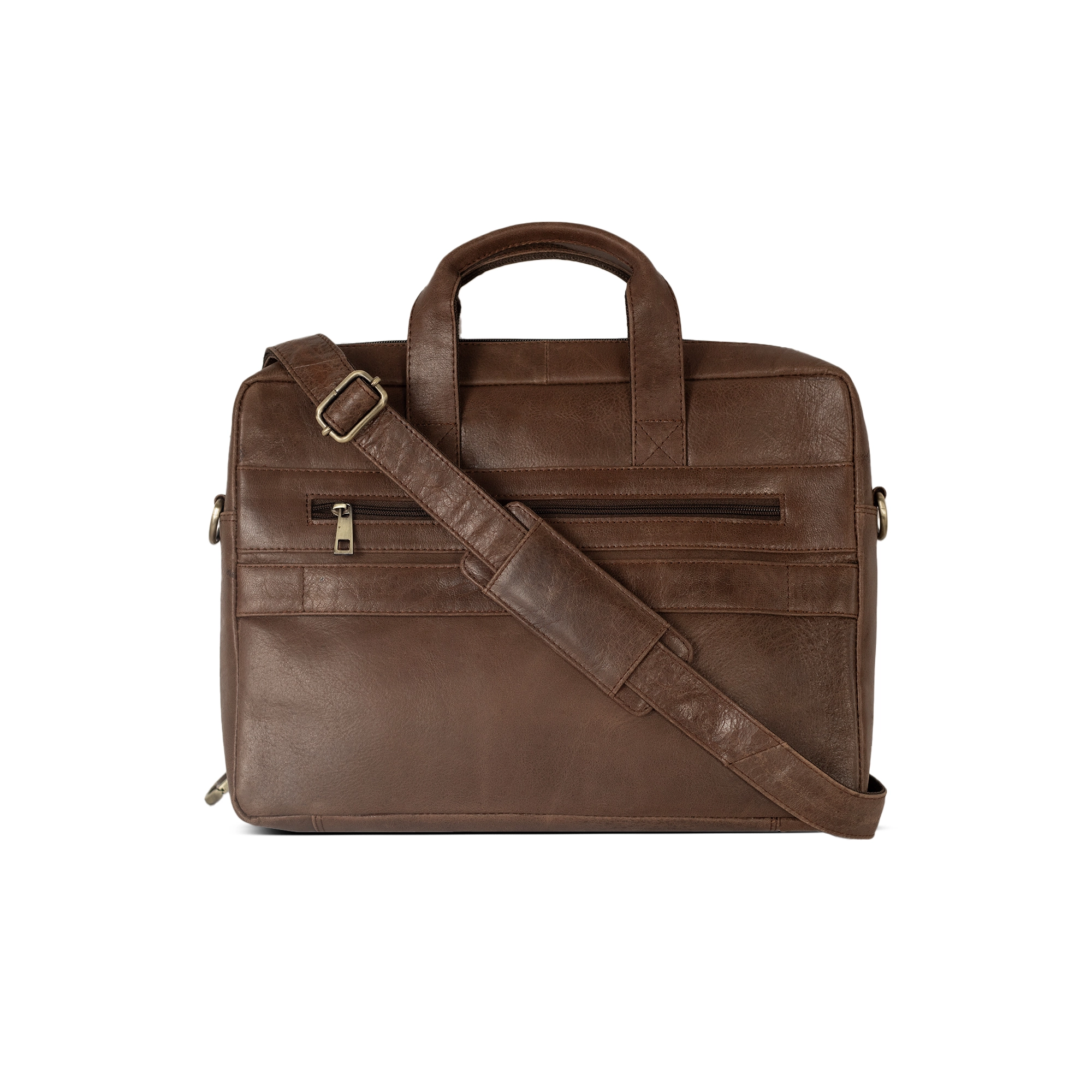 Tap & Tag 2293 brown genuine leather laptop bag rear view with shoulder strap and zip pocket