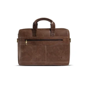 Tap & Tag 2293 natural leather office laptop bag front view with brass hardware and brand logo