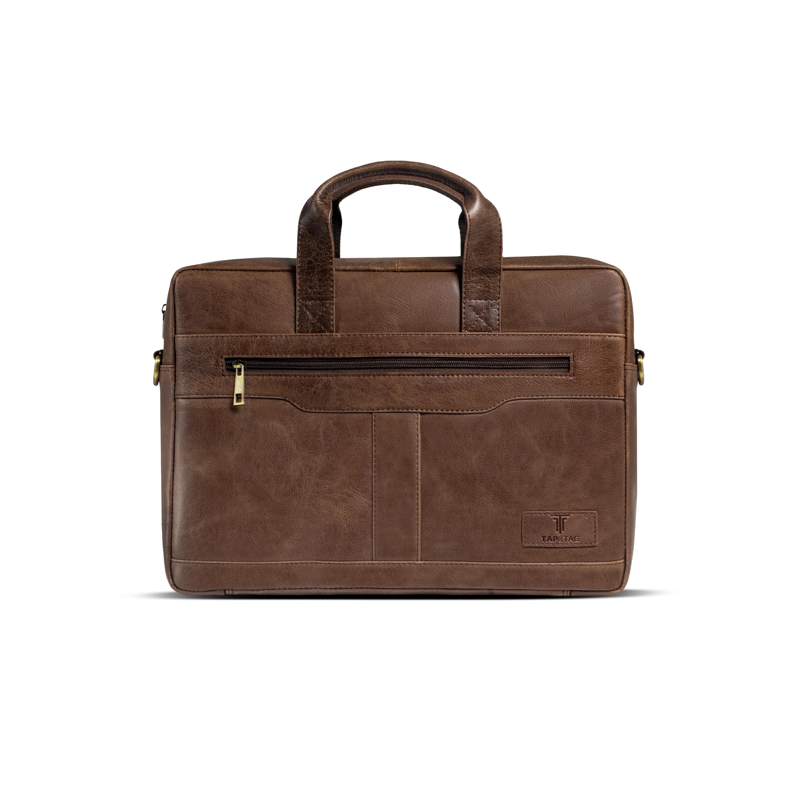 Tap & Tag 2293 natural leather office laptop bag front view with brass hardware and brand logo